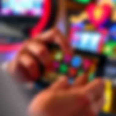 A close-up of a player's fingers interacting with a mobile slot game.