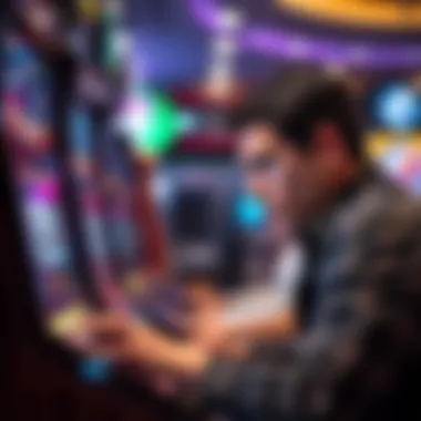 A player focusing intently on a video poker machine with a thoughtful expression