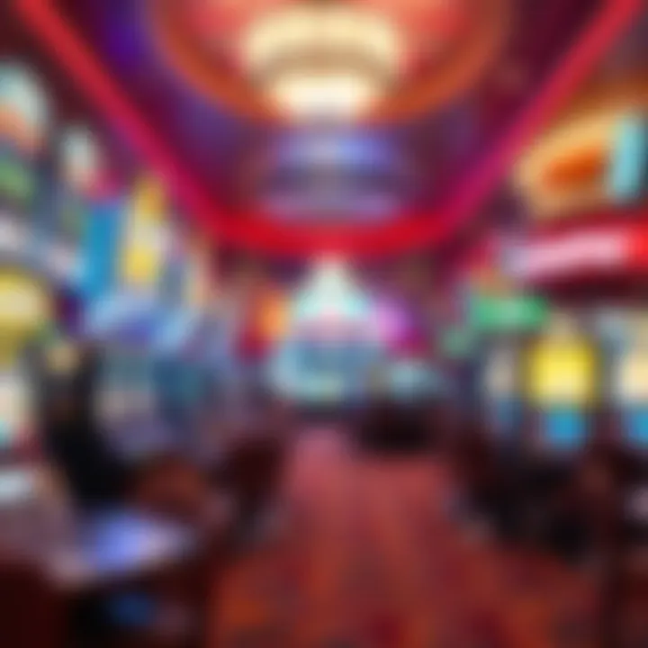 Interior view of a bustling casino floor with gaming machines and tables
