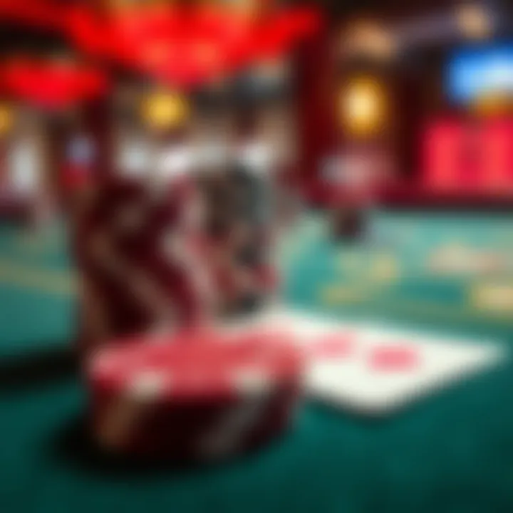 A close-up of poker chips and playing cards on a casino table