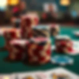 A close-up view of poker chips and cards on a table