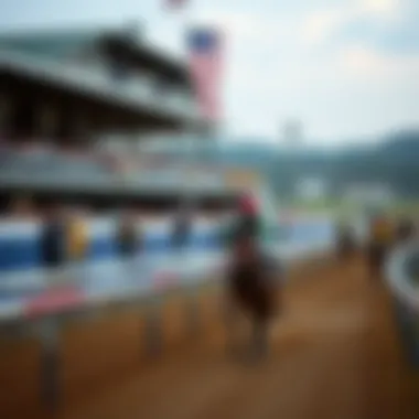 An elegant horse racing event in full swing, with horses racing and spectators cheering.