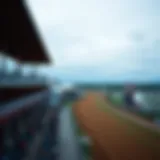 A panoramic view of Presque Isle Downs Racetrack showcasing the racetrack and grandstand during a race day.