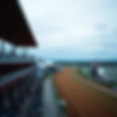 A panoramic view of Presque Isle Downs Racetrack showcasing the racetrack and grandstand during a race day.