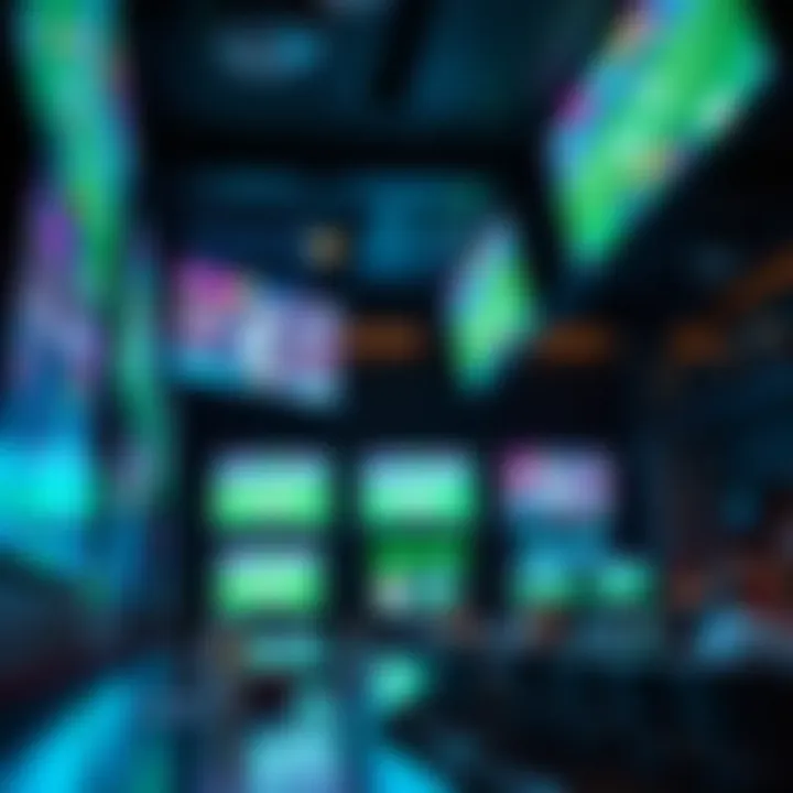 A modern stadium sports bar with digital screens displaying live sports events