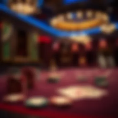 Close-up of a poker table with chips and cards