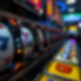 A close-up view of a slot machine with spinning reels