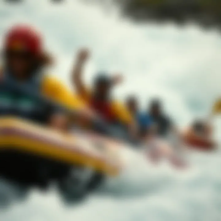 A dynamic scene of a river rafting competition with participants navigating rough waters