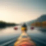A serene river landscape with a kayak navigating through the calm waters