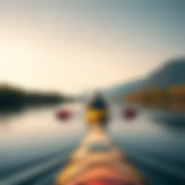 A serene river landscape with a kayak navigating through the calm waters