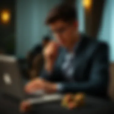 A thoughtful individual analyzing bonus terms and conditions on a laptop