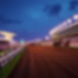 A panoramic view of Gulfstream Park racetrack showcasing vibrant horse racing action.