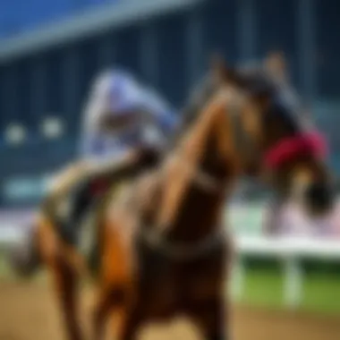 A close-up of a seasoned jockey guiding a thoroughbred during a race.