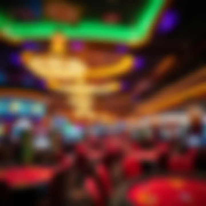 Interior of a luxurious casino with vibrant lighting and gaming tables
