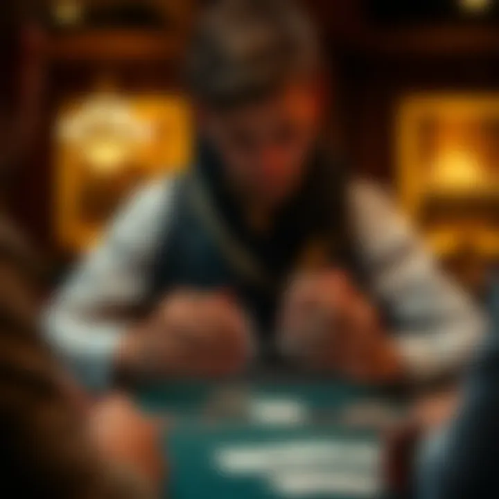 Player analyzing blackjack strategy cards during gameplay