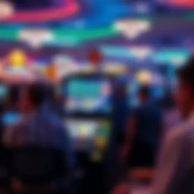 Digital interface of a modern gaming machine surrounded by players