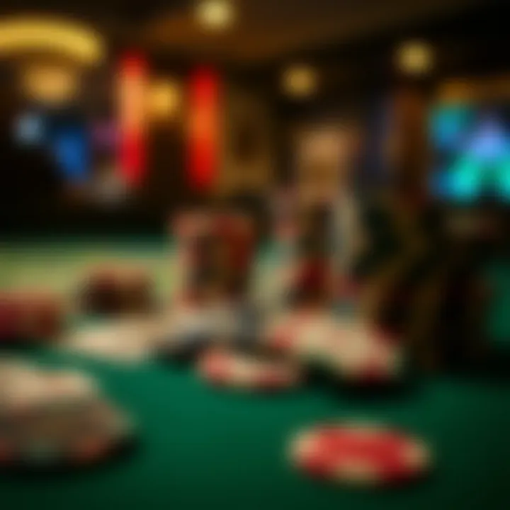 Close-up of poker chips and cards on a gaming table