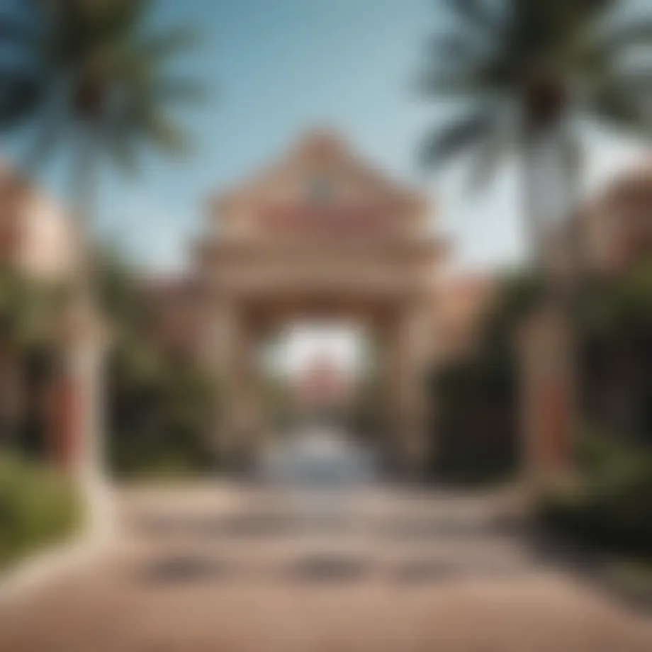 Luxurious resort entrance with palm trees